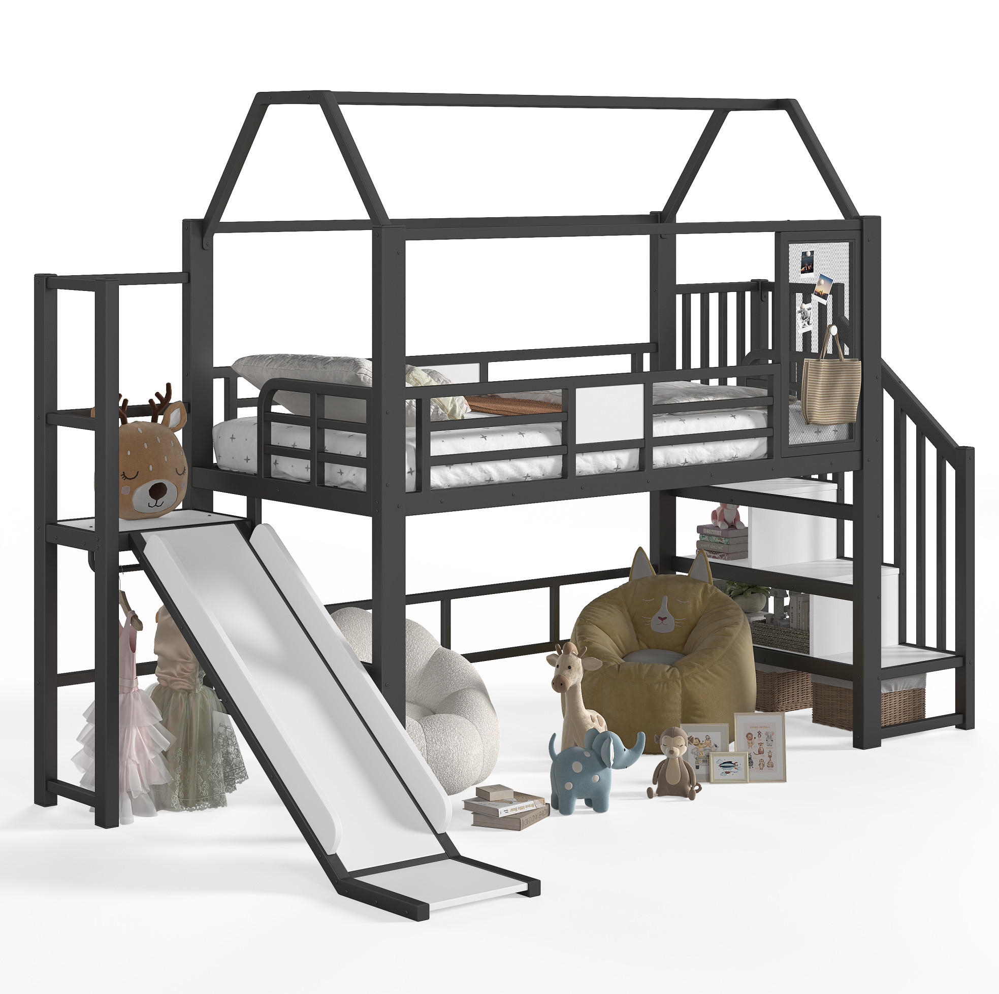 KINDERHOCHBETT MDF & Metall 90x200 cm Schwarz mit Rutsche, Treppe, Stauraumfächern und LED-Beleuchtung - Schwarz, Holzwerkstoff (90/200cm) - Modfu