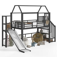 KINDERHOCHBETT MDF & Metall 90x200 cm Schwarz mit Rutsche, Treppe, Stauraumfächern und LED-Beleuchtung - Schwarz, Holzwerkstoff (90/200cm) - Modfu