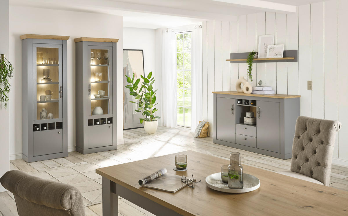 WOHNWAND grau, Artisan Eiche Landhaus 4-teilig 328 cm, Wohnkombination mit viel Stauraum - Silberfarben/Hellgrau, Holzwerkstoff/Metall (328/201/44cm) - Furn.Design