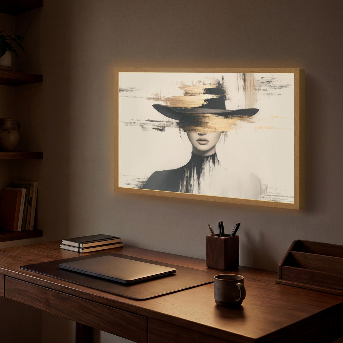NÁSTĚNNÁ LAMPA S AKUMULÁTOREM Žena - klobouk - barva 60x40 cm - krémová, kompozitní dřevo (60/40/8cm) - OnlyWow