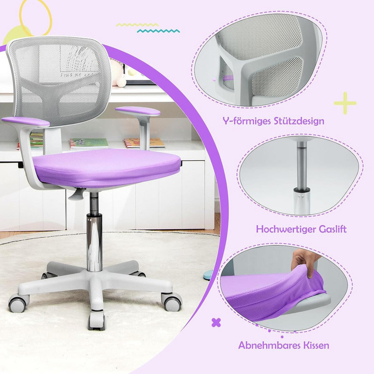 KINDER‑BÜROSTUHL 360°drehbar violett - Lila, Kunststoff (54/80/54cm) - COSTWAY