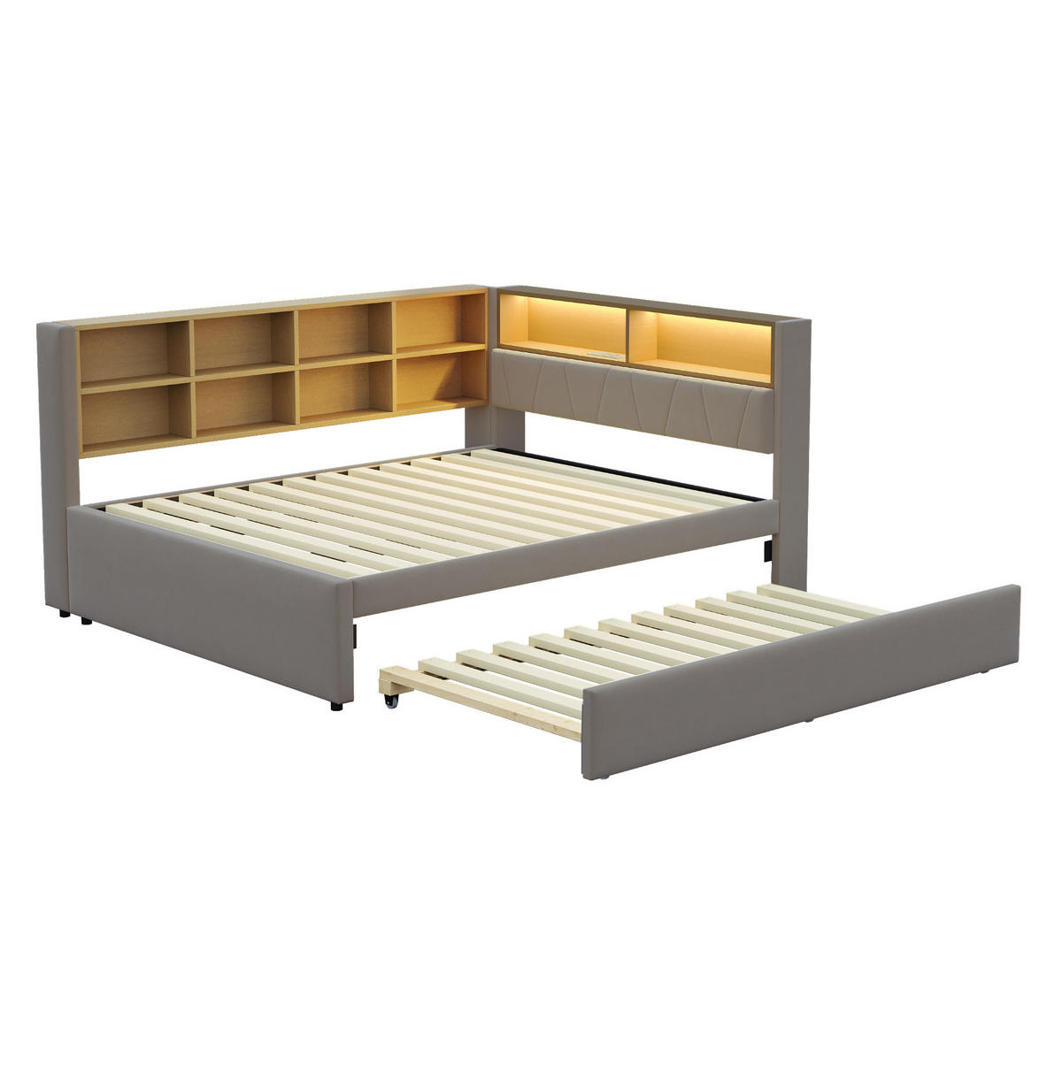 BETT mit Ausziehbett 140/200 cm und LED-Beleuchtung Dunkelgrau Flanell - Dunkelgrau, Textil (140/200cm) - OKWISH