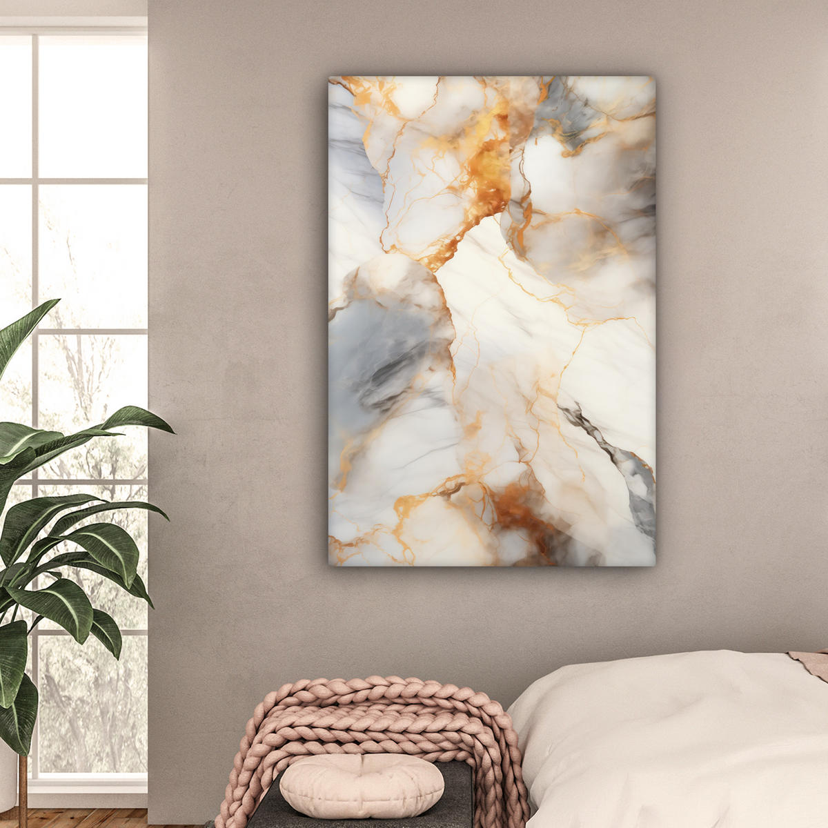 LEINWANDBILD Marmor - Grau - Gold Deko Groß 90x140 cm - Weiß, Textil (90/140cm) - MuchoWow