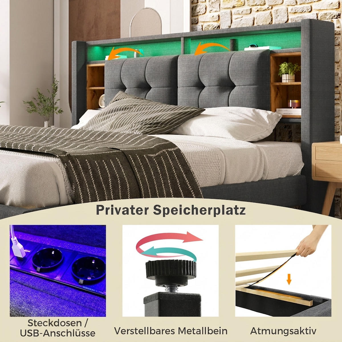 POLSTERBETT 160/200 cm Grau mit Stauraum-Kopfteil, LED-Beleuchtung und USB Type-C Ladefunktion - Grau, Holz (160/200cm) - Oxeza