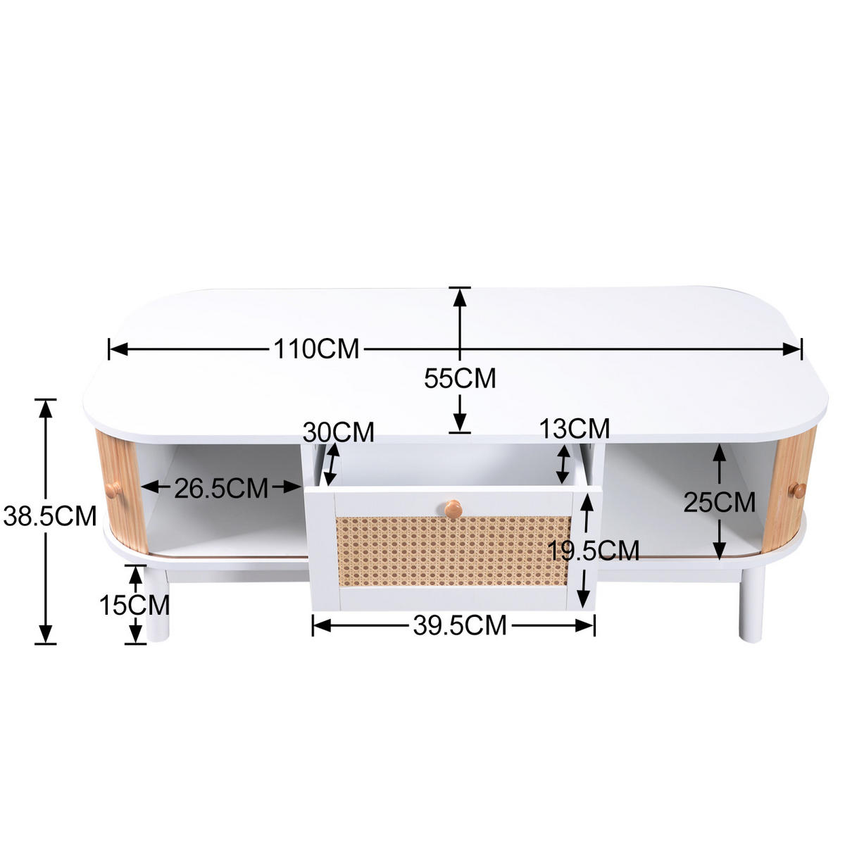 COUCHTISCH Weiß mit Schubladen, Schiebetüren und Stauraum - Cognac, Metall (110/55/38cm)