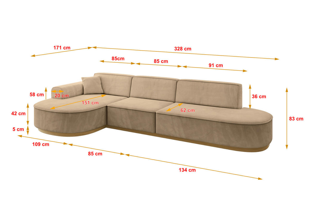 ECKSOFA Ottomane Links MARI-L2-v2 - 328x171x83 cm Taupe Velours - Taupe, Holzwerkstoff/Textil (328/171cm) - ALTDECOR