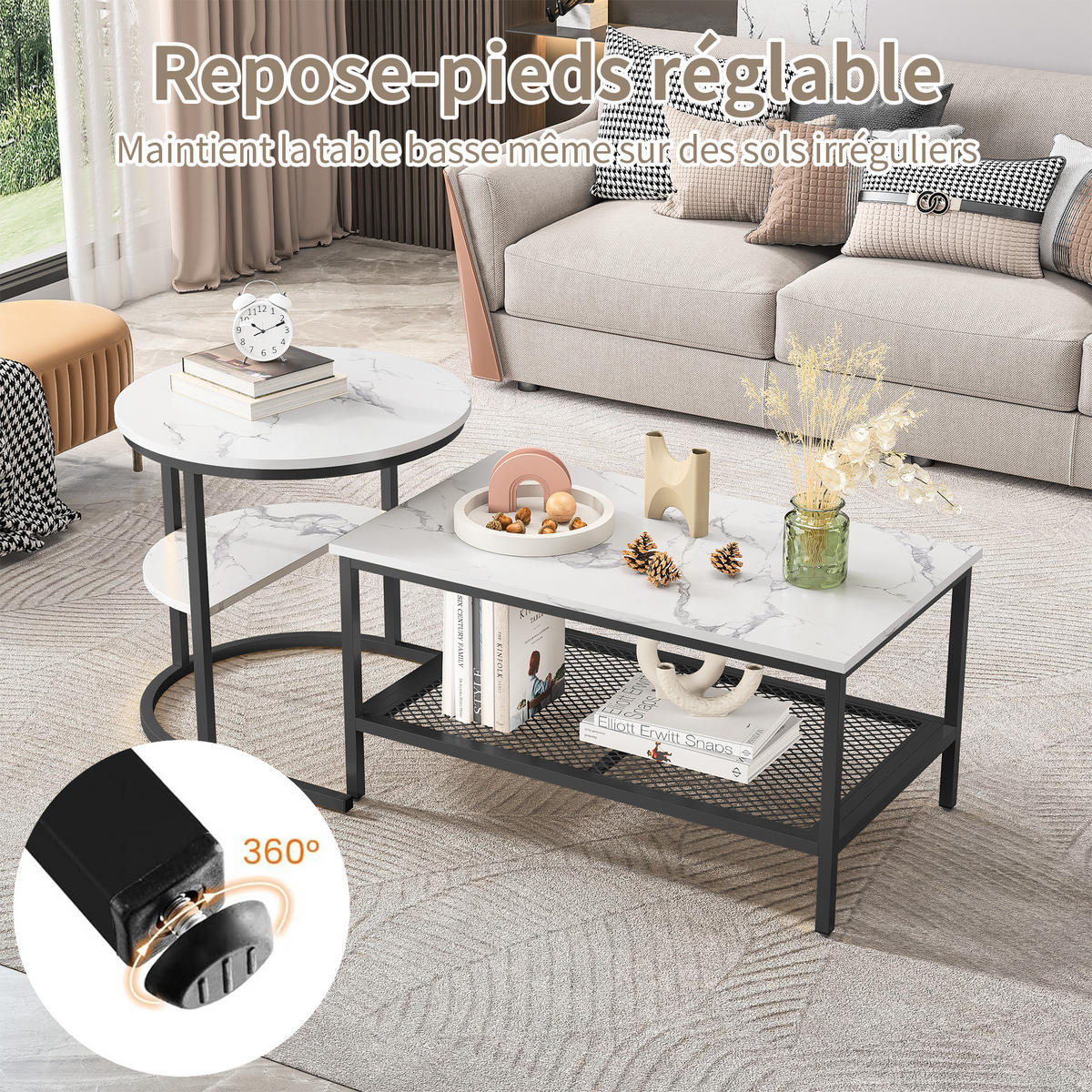 COUCHTISCH 2er Set rund schiebbar Beistelltisch Metall schwarz - Schwarz, Holz (46/80/41cm) - LEBENLANG