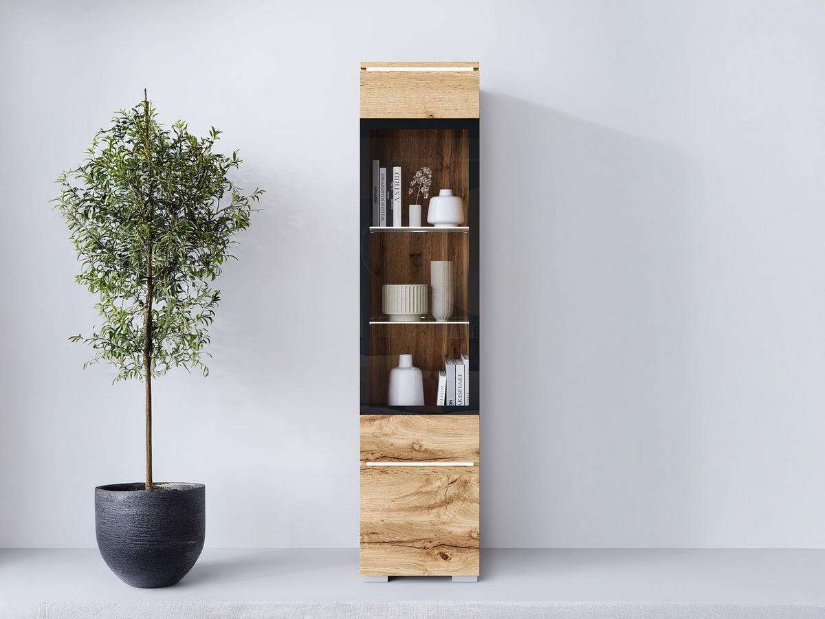 HÄNGEVITRINE Vera 002 mit LED Beleuchtung - Eiche Wotan/Alufarben, Holzwerkstoff/Kunststoff (30/130/33cm) - MIRJAN24