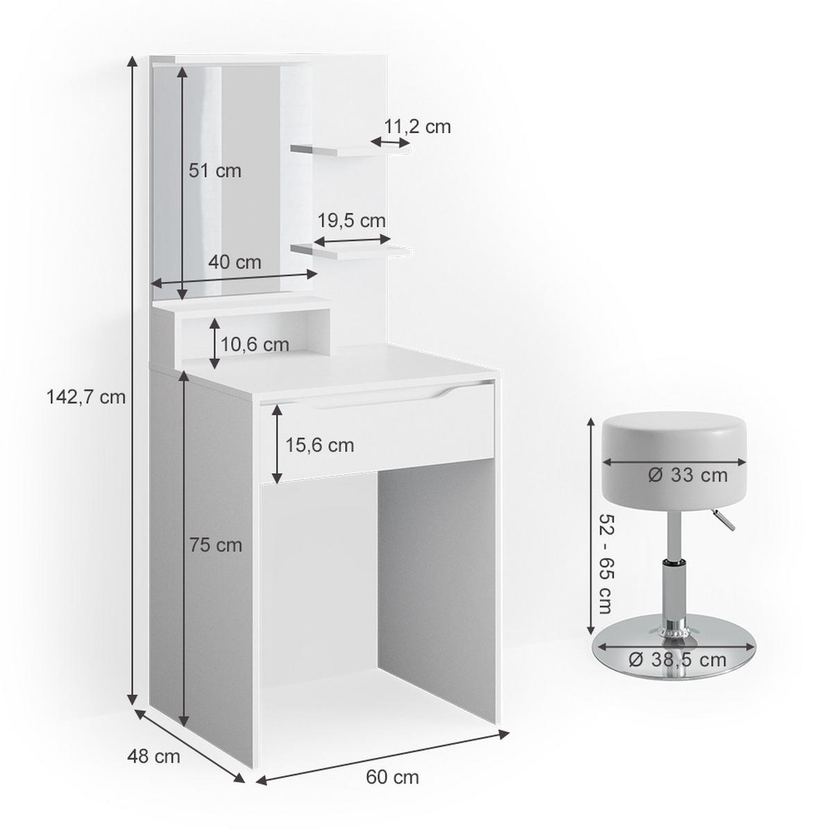 SCHMINKTISCH Ruben Weiß 60 cm mit Hocker - Weiß, Holzwerkstoff (60/142.7/48cm) - Vicco