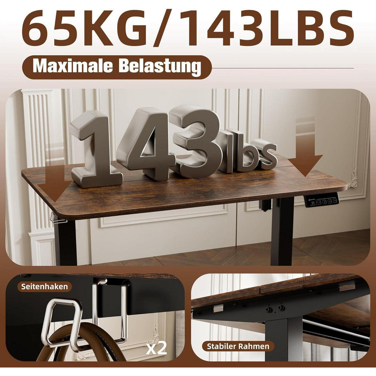 SCHREIBTISCH höhenverstellbar elektrisch 90 x 60 cm Braun - Braun, Holzwerkstoff (90/60/118cm)