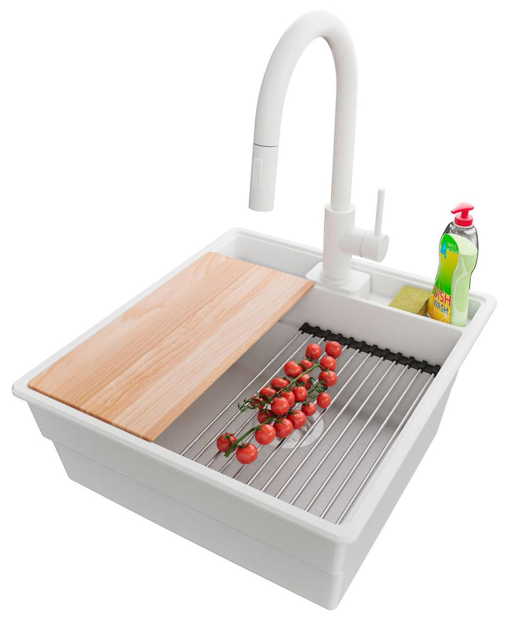 GRANITSPÜLE New York, 2-er set Weiß 48/53 cm 1 Becken + Küchenarmatur 40/20 cm + Ablauf-Set + Küchenzubehörset ab 50er Unterschrank - Chromfarben/Beige, Kunststoff (48/20/53cm) - Primagran