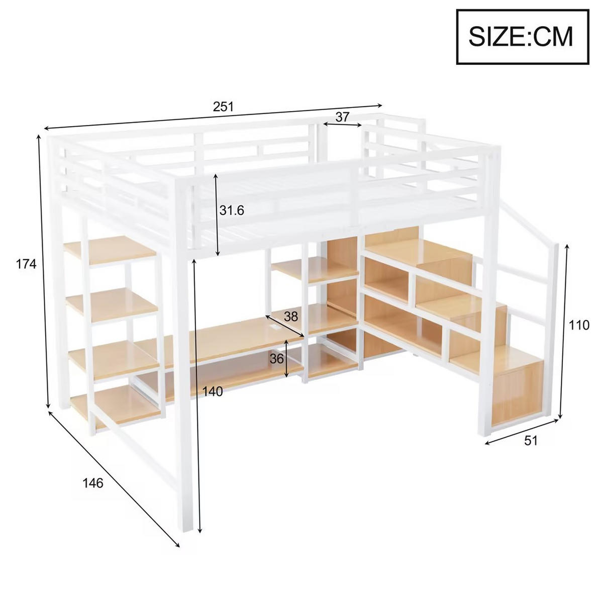 HOCHBETT 140/200 cm DE-01466, in Weiß, mit TV-Ständer, Steckdose und Sicherheitsleiter - Weiß/Naturfarben, Metall (140/200cm) - ComfortXL