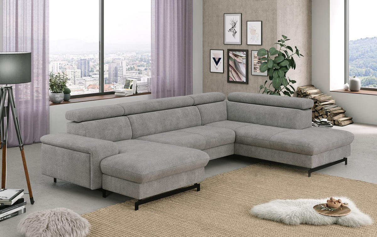 WOHNLANDSCHAFT mit Schlaffunktion und Bettkasten, Orlando-Stoff - Silberfarben/Schwarz, Kunststoff/Textil (215/81/328cm) - Cotta