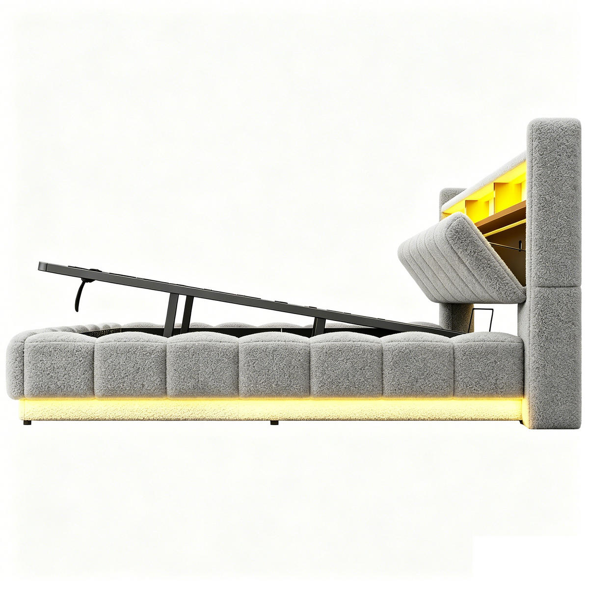 POLSTERBETT 180/200 cm in Grau mit Bettkasten, LED und USB-Anschluss aus Stoff und Metall - Grau, Textil/Metall (180/200cm) - STILVORA