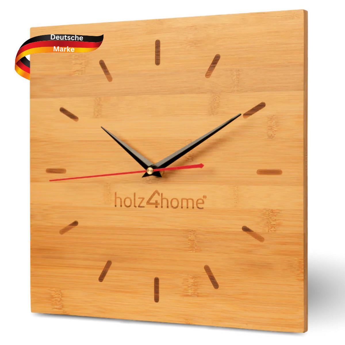 WANDUHR groß Holz BAMBUS 30x30 cm Quadratisch Geräuschlos - Braun, Holz (30/30/2cm) - DELUKE