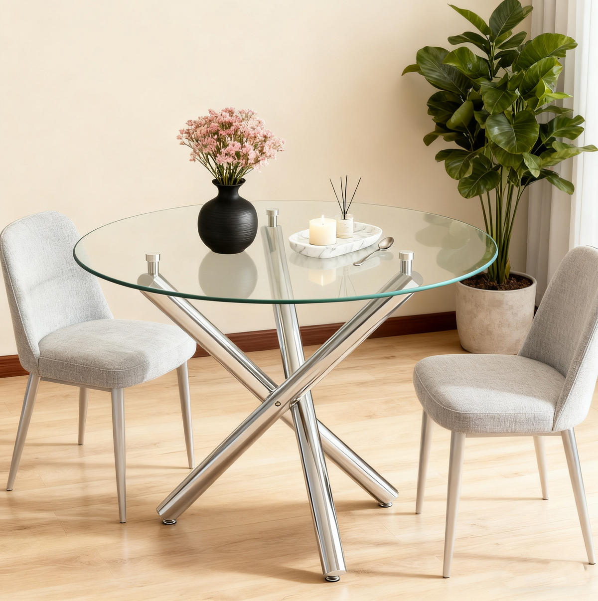 80/76/80 cm Silber aus Glas und Metall mit verstellbaren Gleitern - Silberfarben, Metall (80/80/76cm) - OKMYHOME