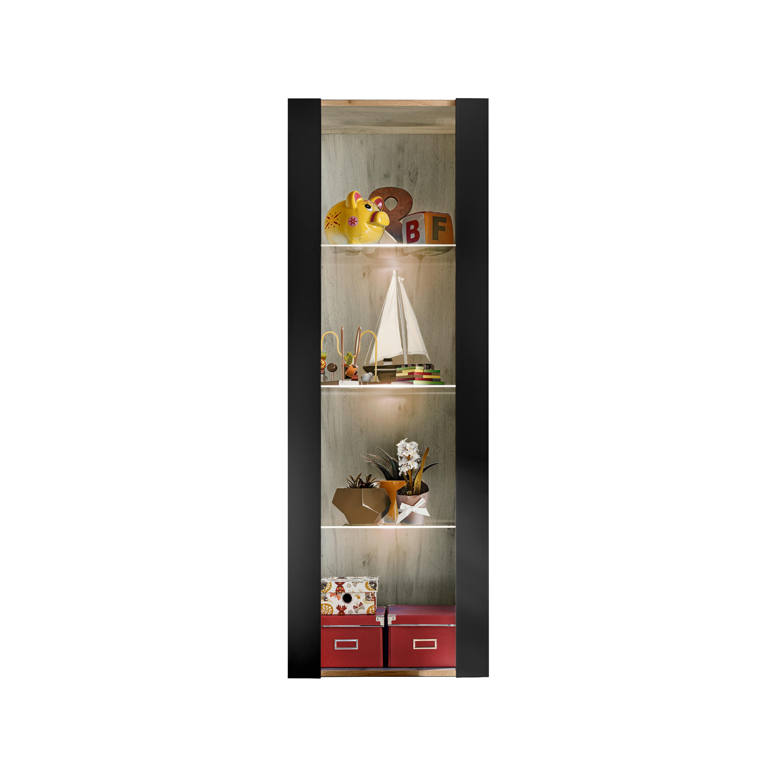 VITRINE TIVOLI, Eiche Wotan + Schwarz - Eiche Wotan/Schwarz, Glas/Holzwerkstoff (55/159/35cm) - Komodee