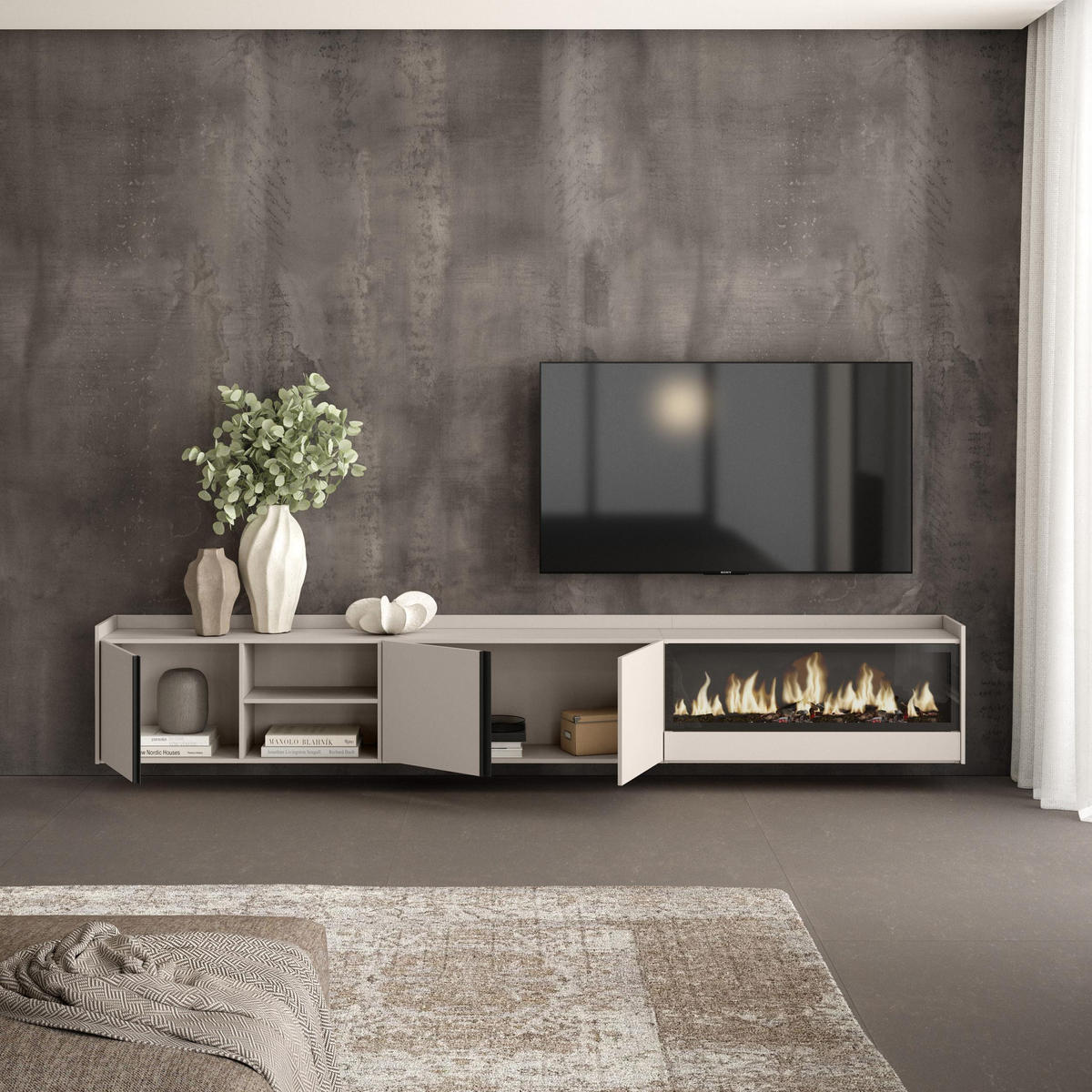 LOWBOARD, Beige, 315/35/50cm, Kamin mit Feuereffekt XXL - Beige, Holzwerkstoff (315/50/35cm) - Skraut Home