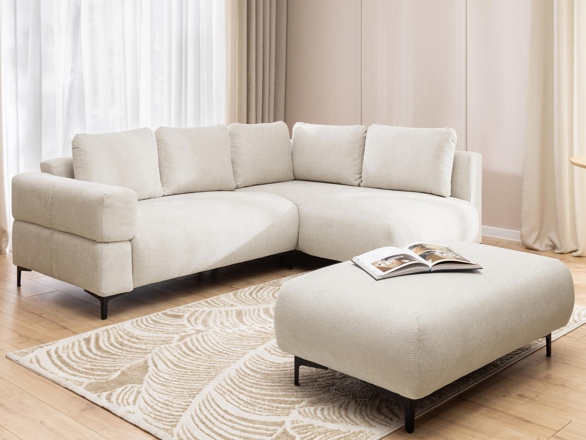 ECKSOFA inkl. Hocker Cardea mit Schlaffunktion in Bubble-Optik aus weichem Creme Strukturstoff und hohem Sitzkomfort - Ottomane rechts - Creme/Schwarz, Holz/Textil (230/170cm) - S-Style Möbel