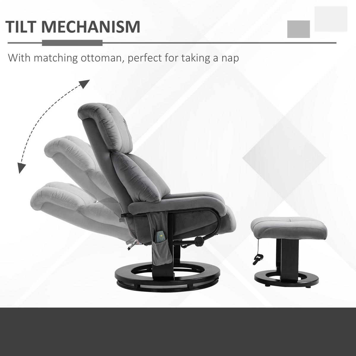 MASSAGESESSEL inkl. Hocker Fernsehsessel drehbar Relaxsessel Samt-Touch Grau - Schwarz/Grau, Textil/Metall (80/102/76cm) - HOMCOM