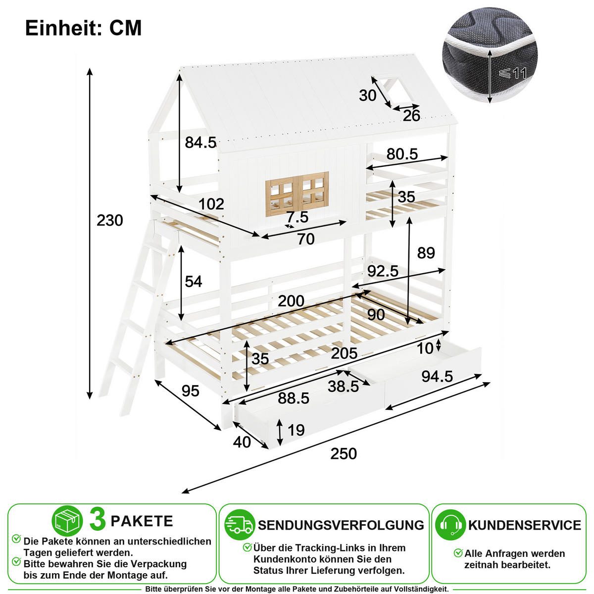 ETAGENBETT 90/200 cm in Weiß & Natur mit 2 Schubladen, Fenster und Dach - Weiß/Naturfarben, Holz/Holzwerkstoff (90/200cm) - CHICFURN