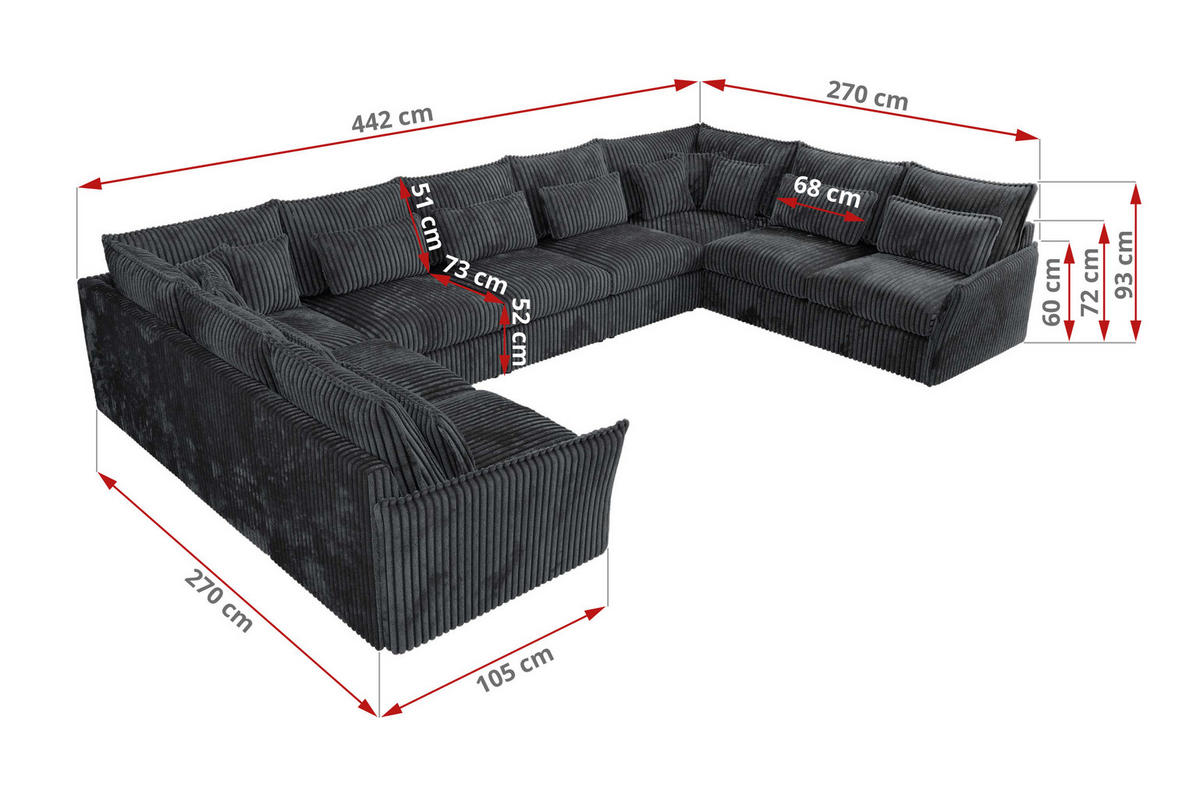 WOHNLANDSCHAFT VERSO U 9M Dunkelgrau Cord - Dunkelgrau/Schwarz, Kunststoff/Textil (442/93/270cm) - MKS