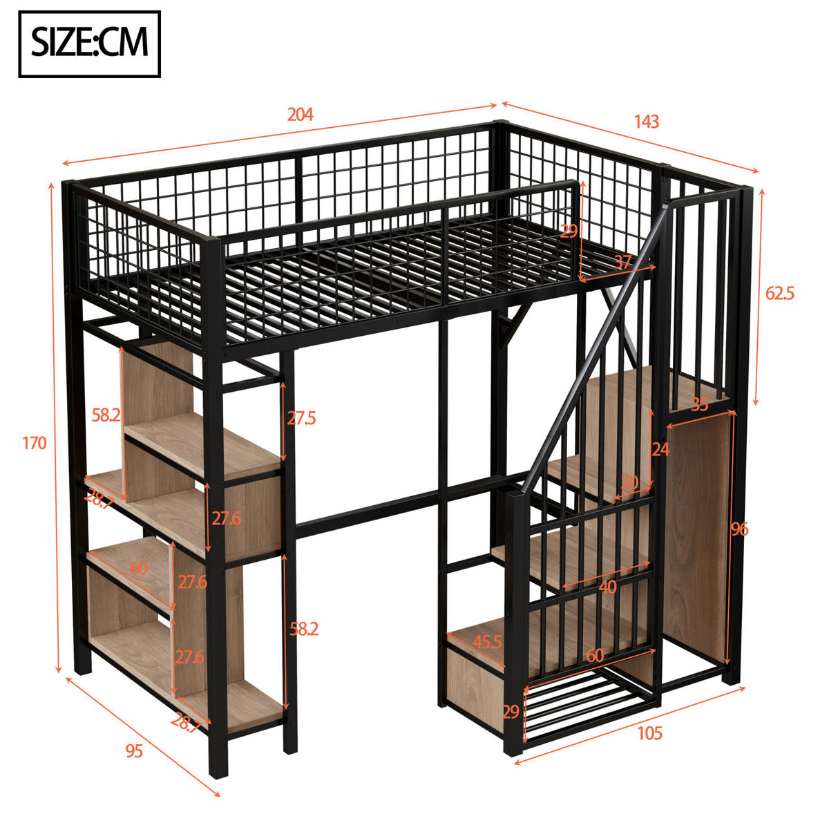 HOCHBETT 90/200 cm, schwarz mit Stauraumtreppe für kleine Räume - Schwarz, Metall (90/200cm) - MIVRAY