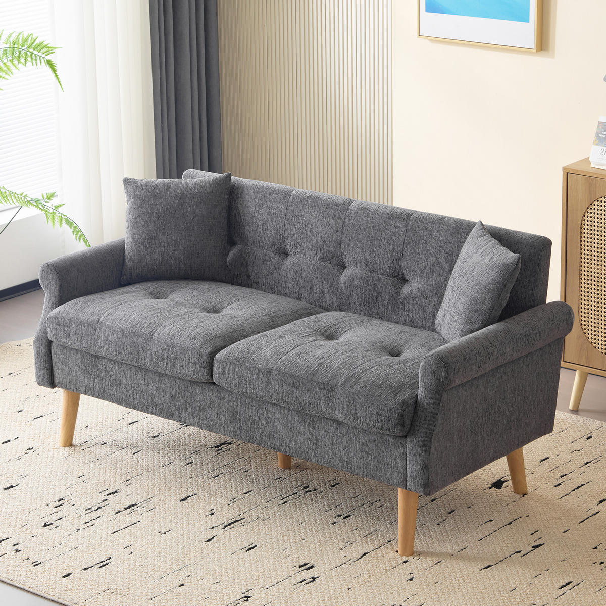DOPPELSOFA Chenille-Stoff Modern mit dicken Kissen Polster Grau - Grau, Holz (74/77/162cm) - FLIEKS