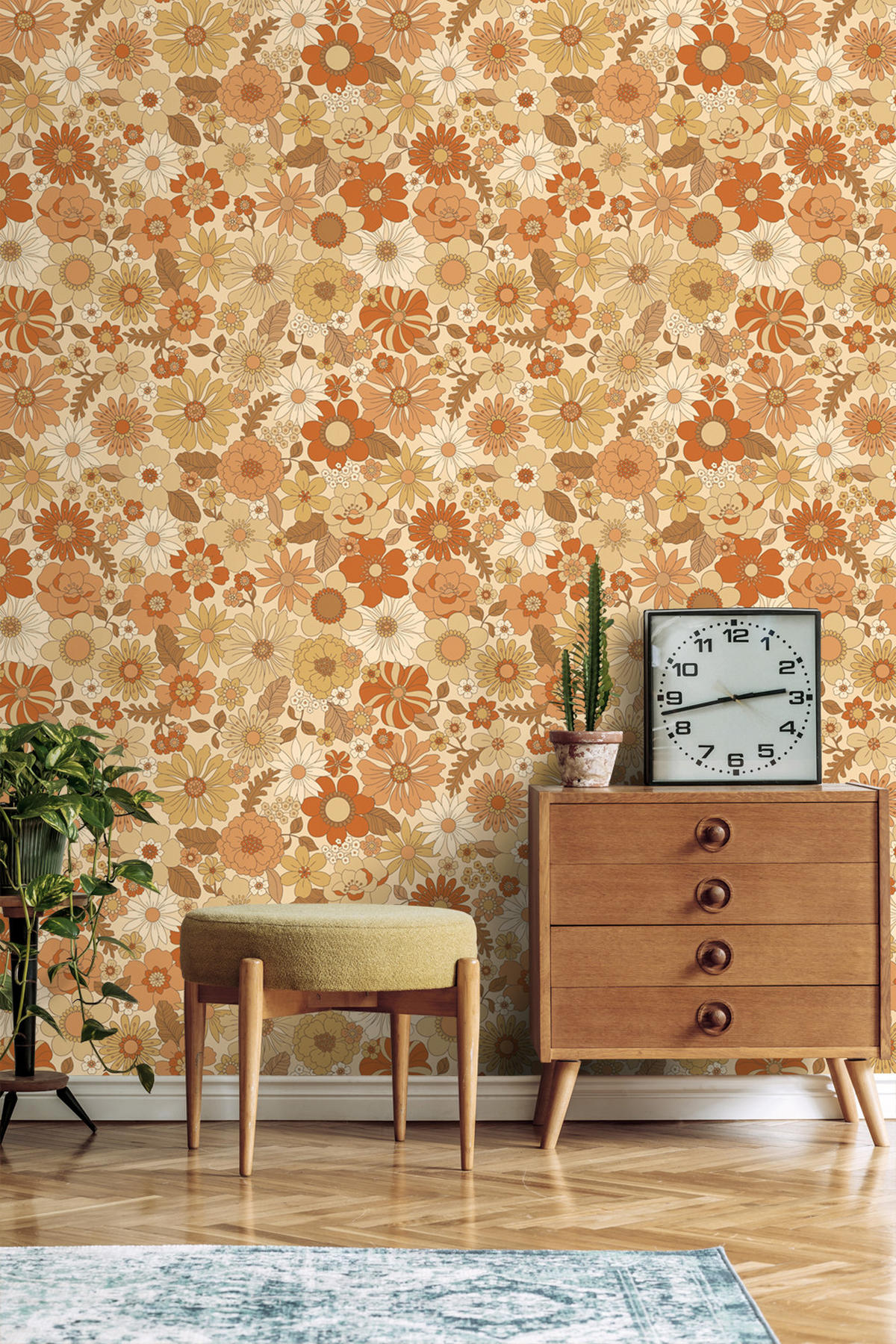 TAPETE Retro Blumen 53 cm x 10.05 m - Orange, Papier (53/1000cm) - ESTAhome