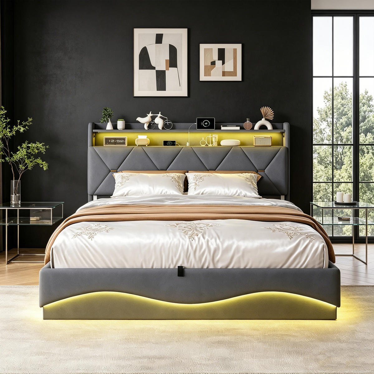 POLSTERBETT 160 x 200, Doppelbett mit Bettkasten und Lattenrost, Kopfteil, LED, USB, Samt, grau - Grau, Holzwerkstoff/Textil (160/200cm) - GENKI LIVING