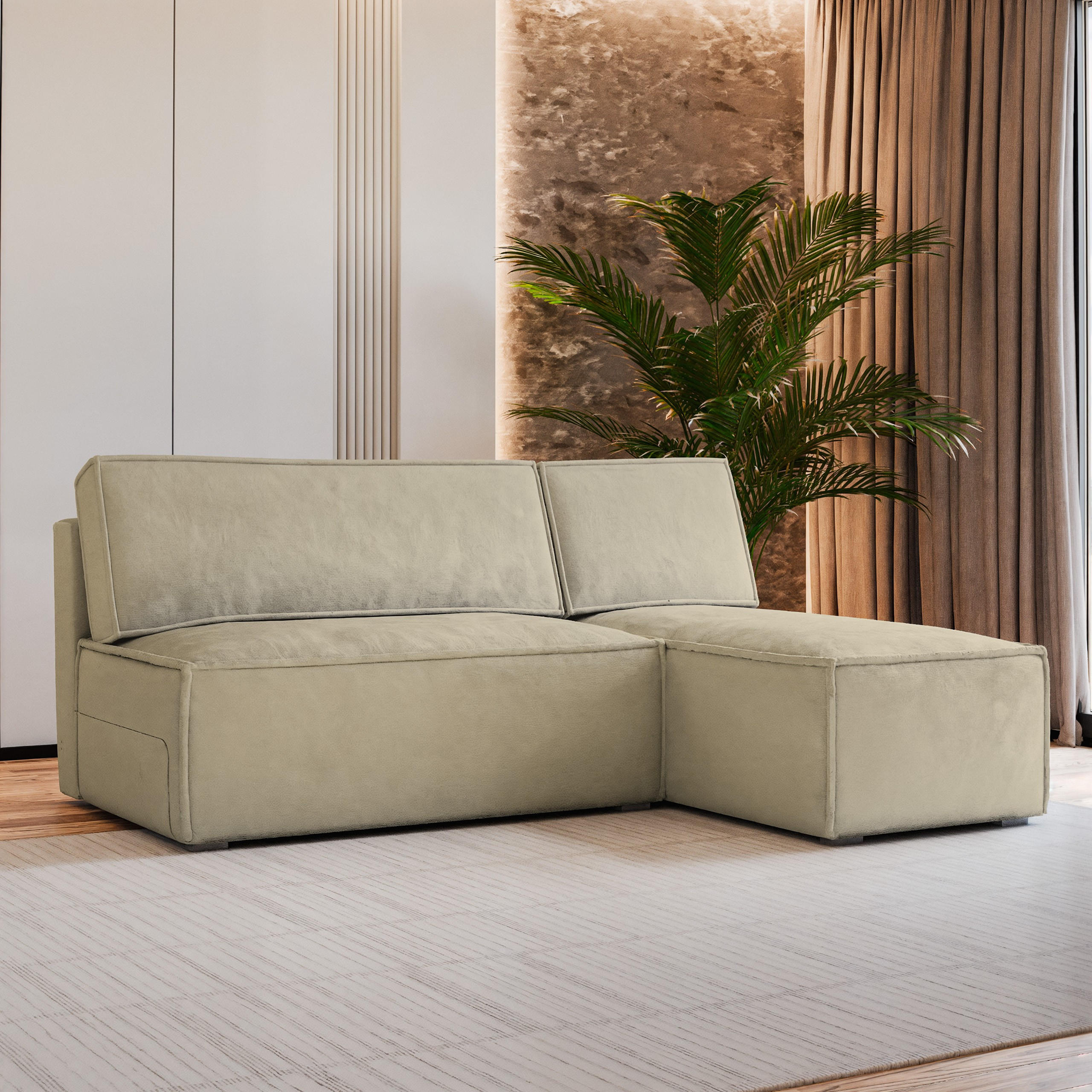 ECKSOFA BRISO M Creme Velours-Stoff mit Schlaffunktion - Creme, Holz (200/140cm) - MASSENO