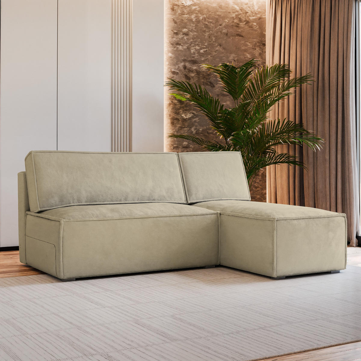 ECKSOFA BRISO M Creme Velours-Stoff mit Schlaffunktion - Creme, Holz (200/140cm) - MASSENO