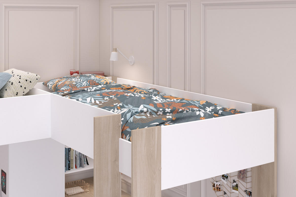HOCHBETT Alex in Weiß und Jackson Eiche mit zwei Liegeflächen 90 x 200 cm und zwei Schreibtischen - Weiß, Holz/Holzwerkstoff (90/200cm) - Vente-Unique