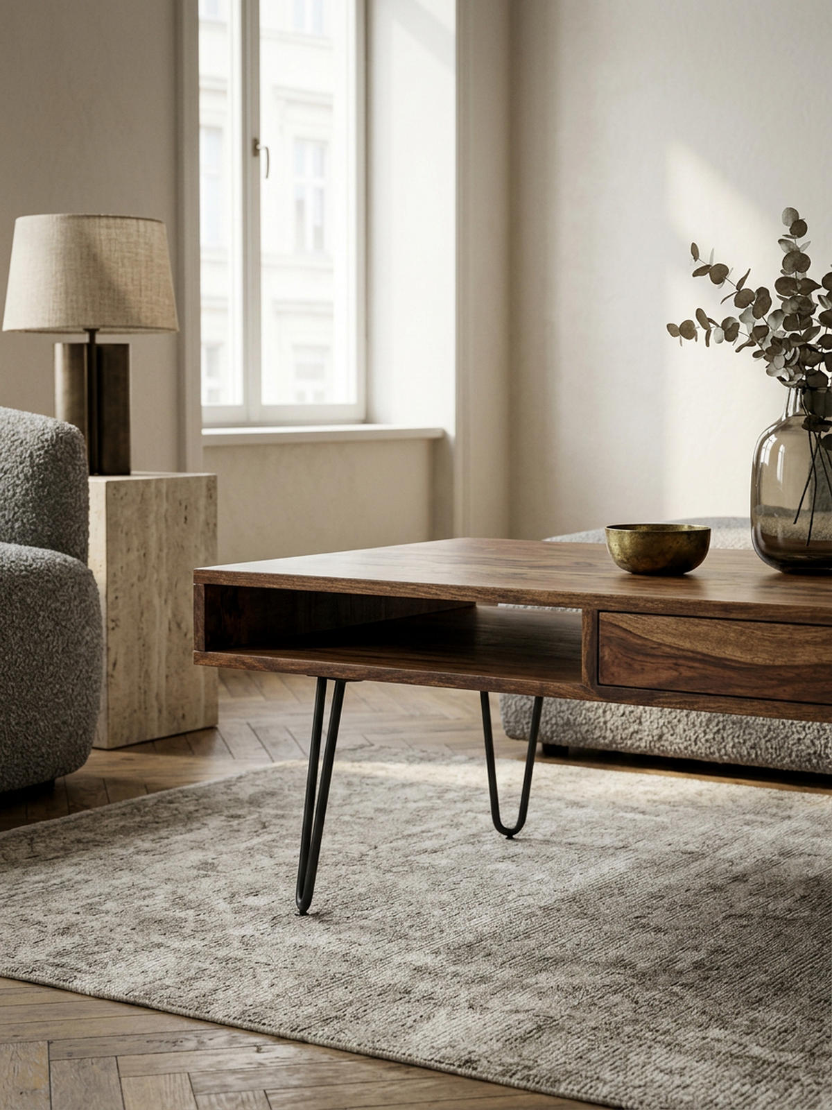 COUCHTISCH BALU mit Schubfächern aus Massivholz und Metallfüßen, leichter Aufbau, Braun 110x60x40 cm - Schwarz/Braun, Holz/Metall (60/110/40cm) - KADIMA DESIGN