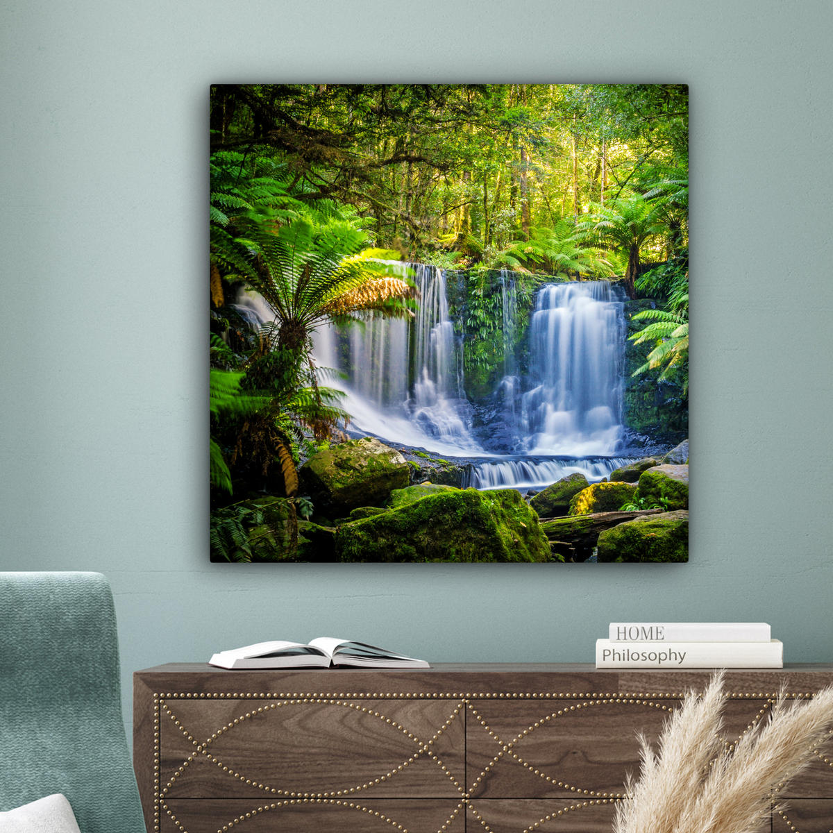 LEINWANDBILD Dschungel - Wasserfall - Australien - Pflanzen - Natur Deko Groß 90x90 cm - Dunkelgrün, Textil (90/90cm) - MuchoWow