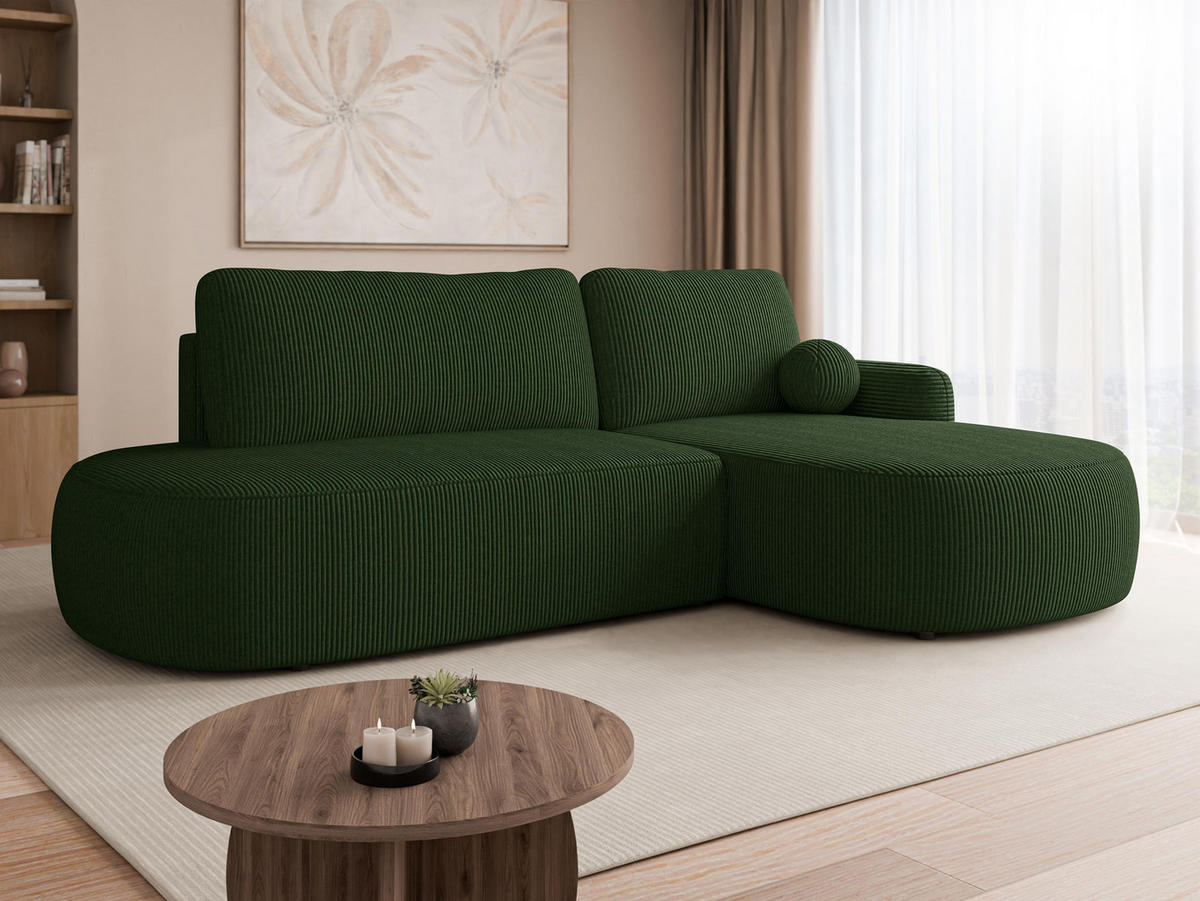 ECKSOFA Loridu O Cord, Seite: Rechts - Dunkelgrün/Schwarz, Holz/Kunststoff (274/174cm) - MIRJAN24