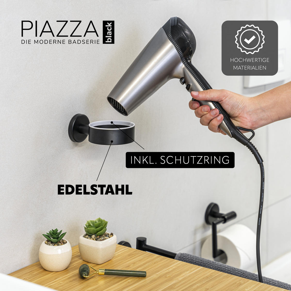 HAARTROCKNERHALTER PIAZZA, schwarz, inkl. Klebeset - Schwarz, Metall (10/5.8/14.5cm) - bremermann