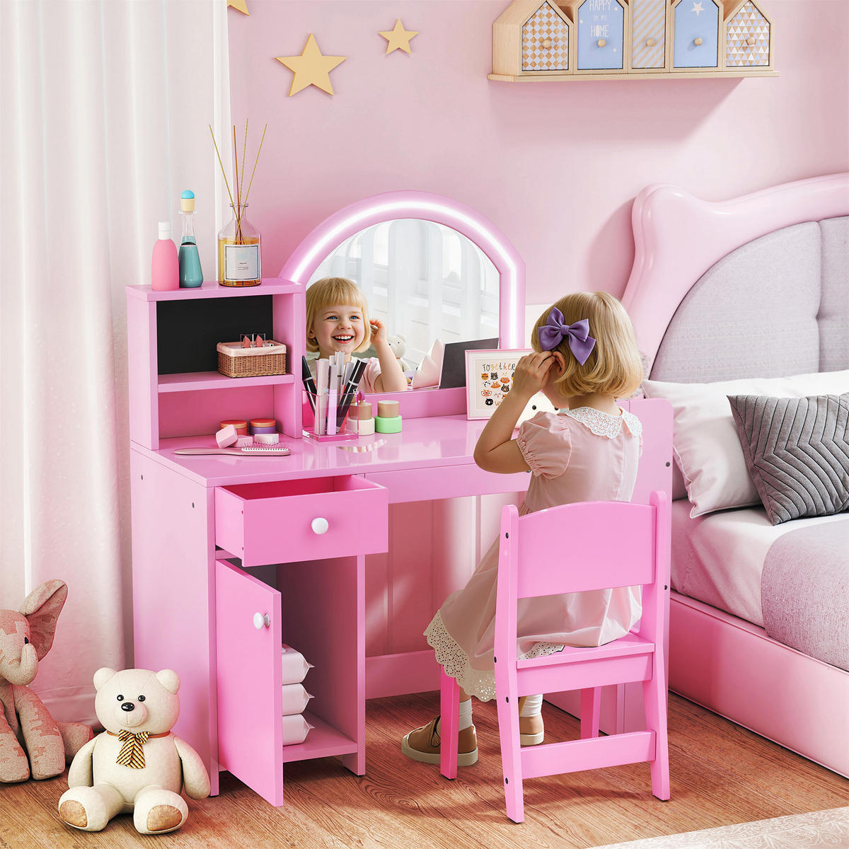 KINDERSCHMINKTISCH DE-18635 LED-Spiegel mit 2 Lichtfarben Rosa - Pink, Holzwerkstoff (38.8/96.9/88.6cm) - ComfortXL