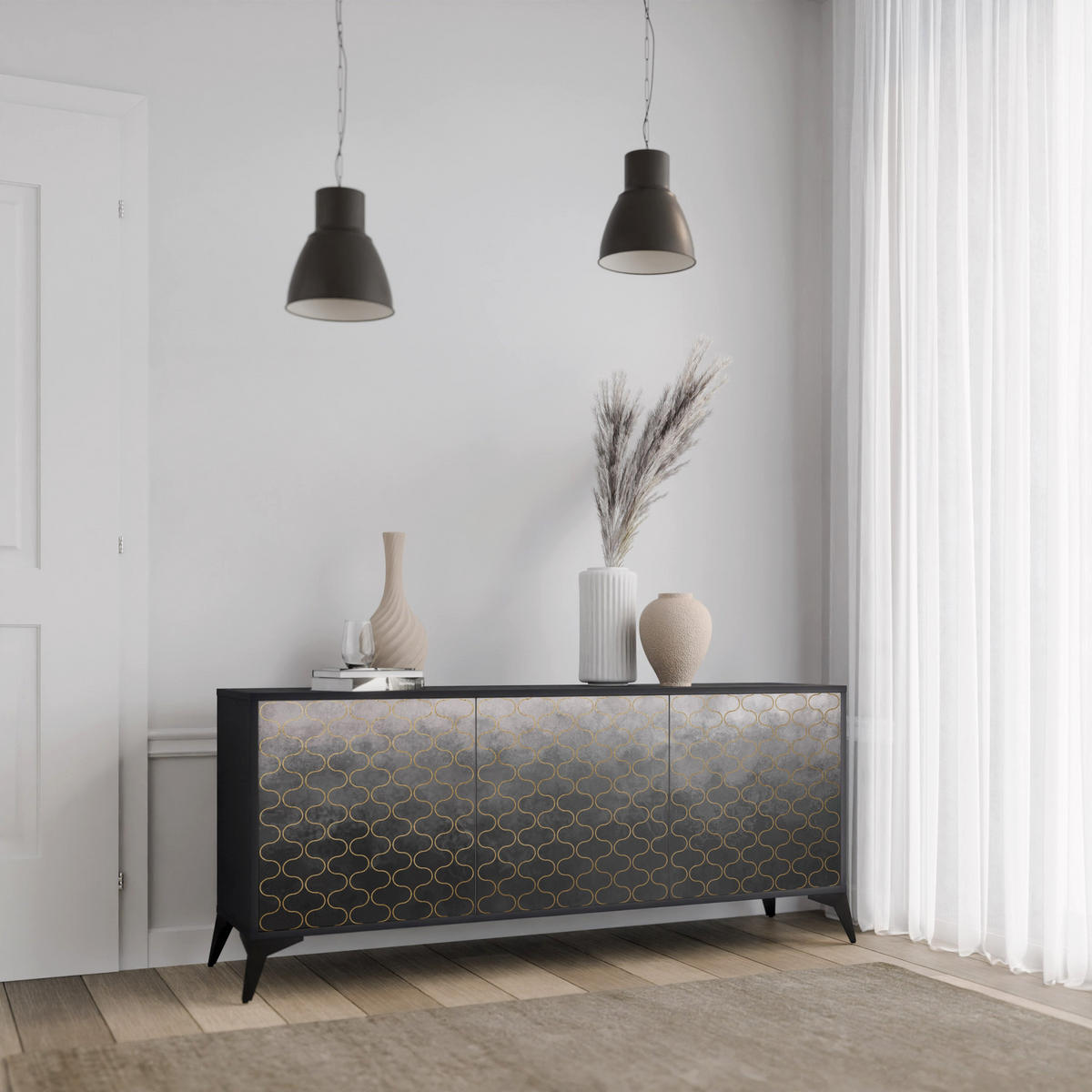 SIDEBOARD TESSELATED GRAYISH, Eicheneffekt, 164,5x42x77,5 cm, 3 Türen - Eichefarben/Buchefarben, Holzwerkstoff/Buchenholz (164.5/77.5/42cm) - SpaceRebels