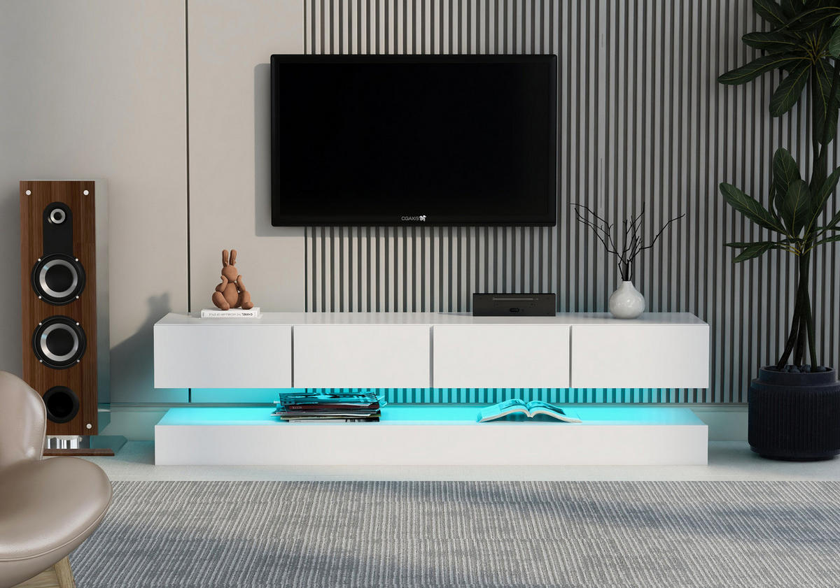 WAND-TV-LOWBOARD in Weiß mit 4 Schubladen und App-LED 130/33/15 cm - Weiß, Holzwerkstoff (130/15/33cm) - Redom