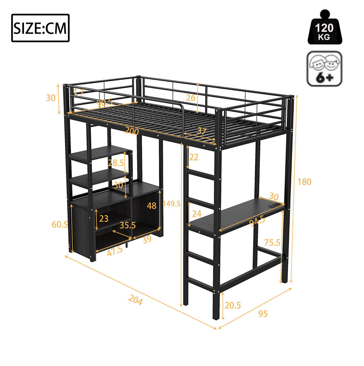 HOCHBETT 90/200 cm aus Metall mit Schreibtisch, Regalen und USB-Anschluss - Schwarz, Metall (90/200cm) - Flora Grace