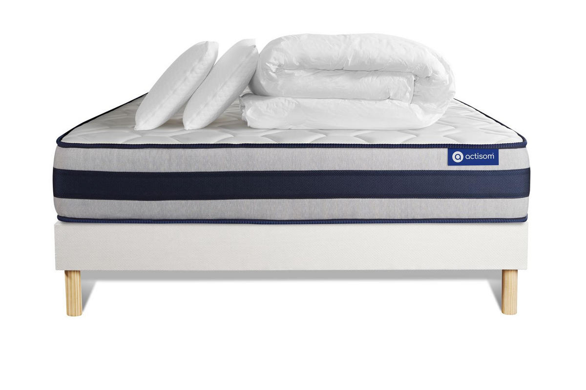 BETT Actiflex ergo Taschenfederkern und Memory-Schaum 200 x 200 cm h4 - Kit Bettgestell Weiß - Mit Kissen und Bettdecke - Beige/Weiß, Holz/Textil (200/200cm) - ACTISOM