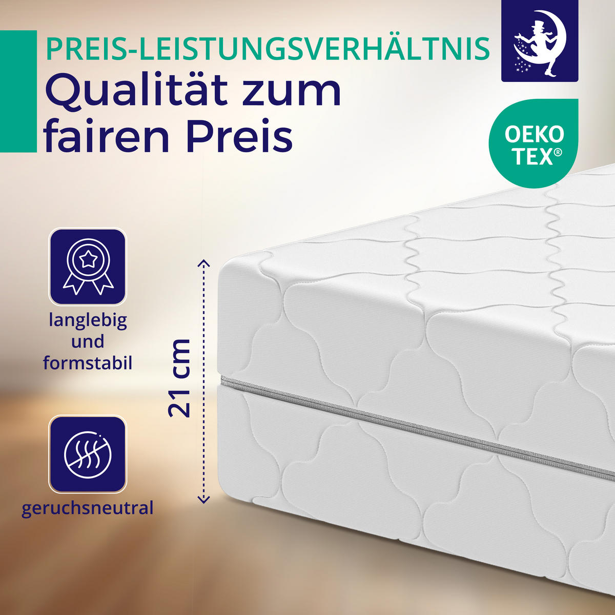 MATRATZE 120x200 mit Taschenfederkern - H2 H3 - 21 cm Höhe - 7-Zonen - Weiß, Textil (120/200cm) - Mister Sandman