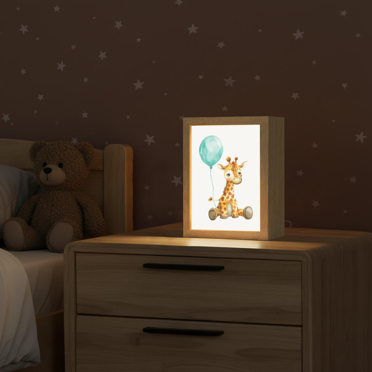 NACHTTISCHLAMPE Giraffe - Baby - Tiere - Blauer Ballon 15x20 cm - Weiß, Holzwerkstoff (8/15/20cm)