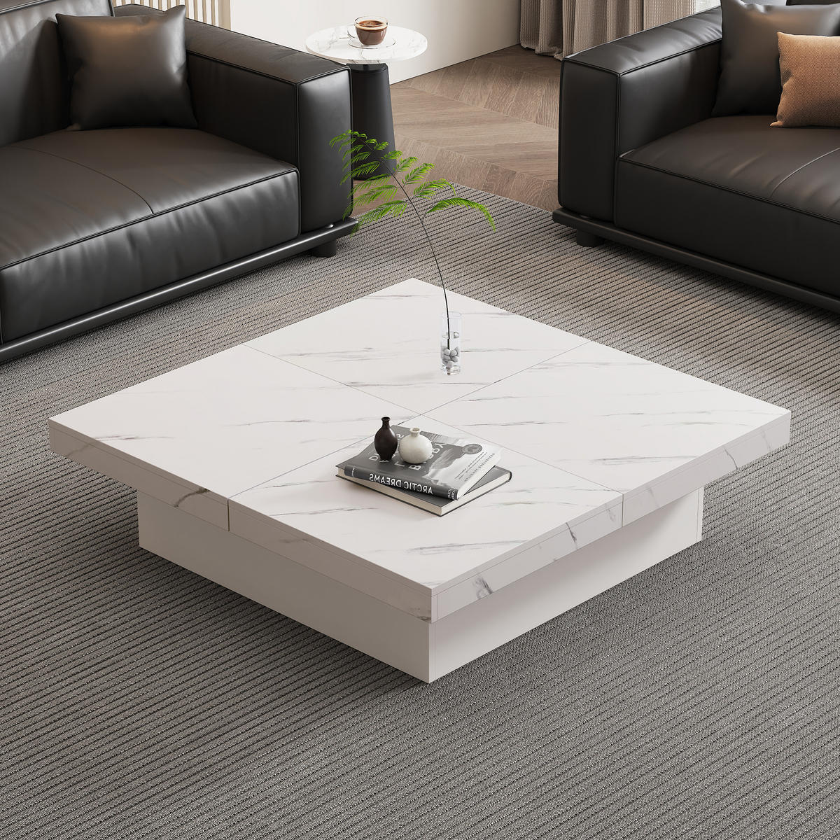 COUCHTISCH in Weiß Couchtisch mit Marmor-Optik und sowie schiebbarer Tischplatte für Wohnzimmer, B90/T90/H25 cm - Weiß, Holzwerkstoff (90/90/25cm) - STILVORA
