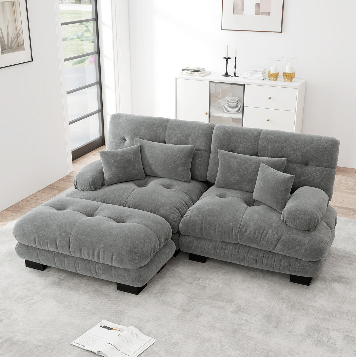 ECKSOFA 220/145/81 cm in Grau aus Chenille mit Ottomans und Cloud-Komfort - Grau, Textil (145/220cm) - Flora Grace