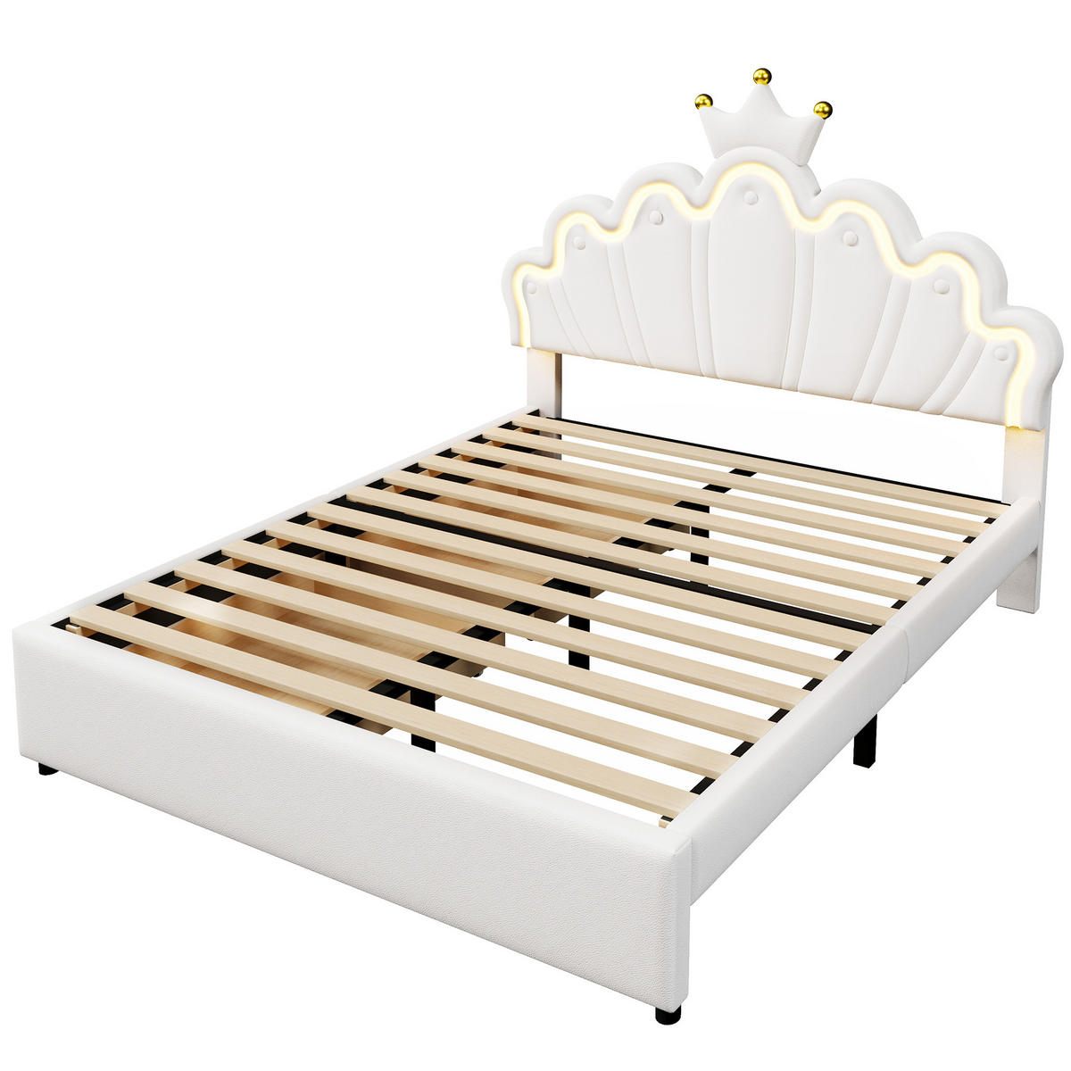 POLSTERBETT 140x200cm Weiß PU Fernbedienung Kronenform 2 Schubladen - Weiß, Holz (140/200cm) - FLIEKS
