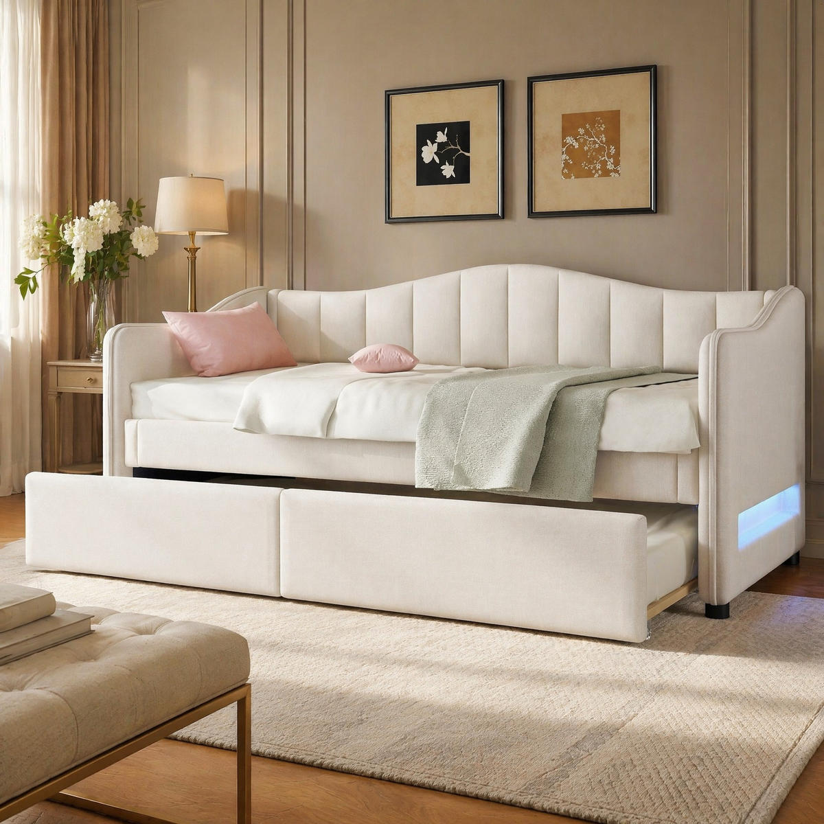 POLSTERBETT 90/200 mit Ausziehbett und LED in Beige - Beige, Holzwerkstoff/Textil (90/200cm) - EVRYAE