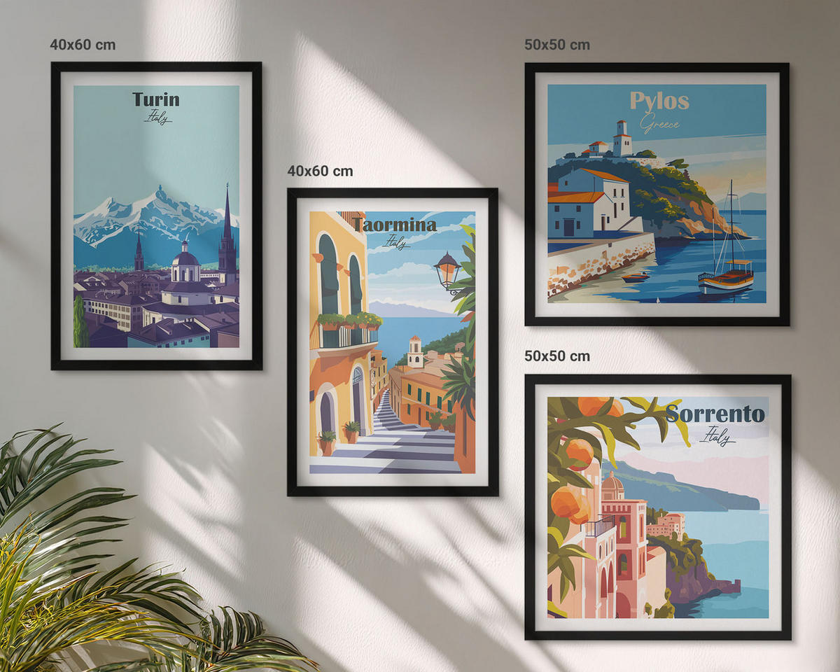 BILDER SET 4er Set - 50x50 cm & 40x60 cm Schwarzer Rahmen - Farbenfrohe Illustrationen von Retro-Städten - Schwarz, Kunststoff (50/50cm) - TULUP