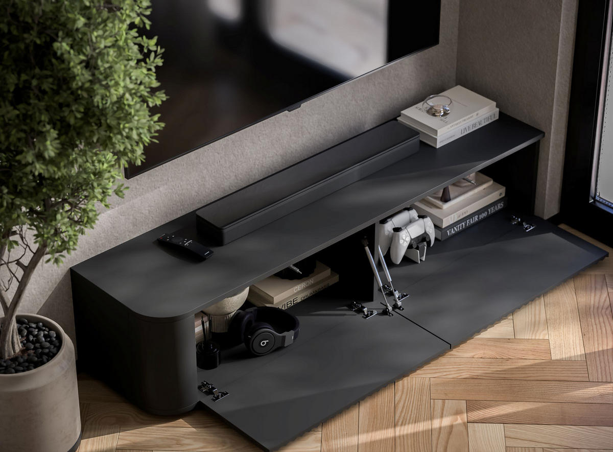 TV komoda Aurora matná čierna 140 cm s nízkymi nožičkami - čierna, kompozitné drevo (140/31/35cm) - Meble Lindner